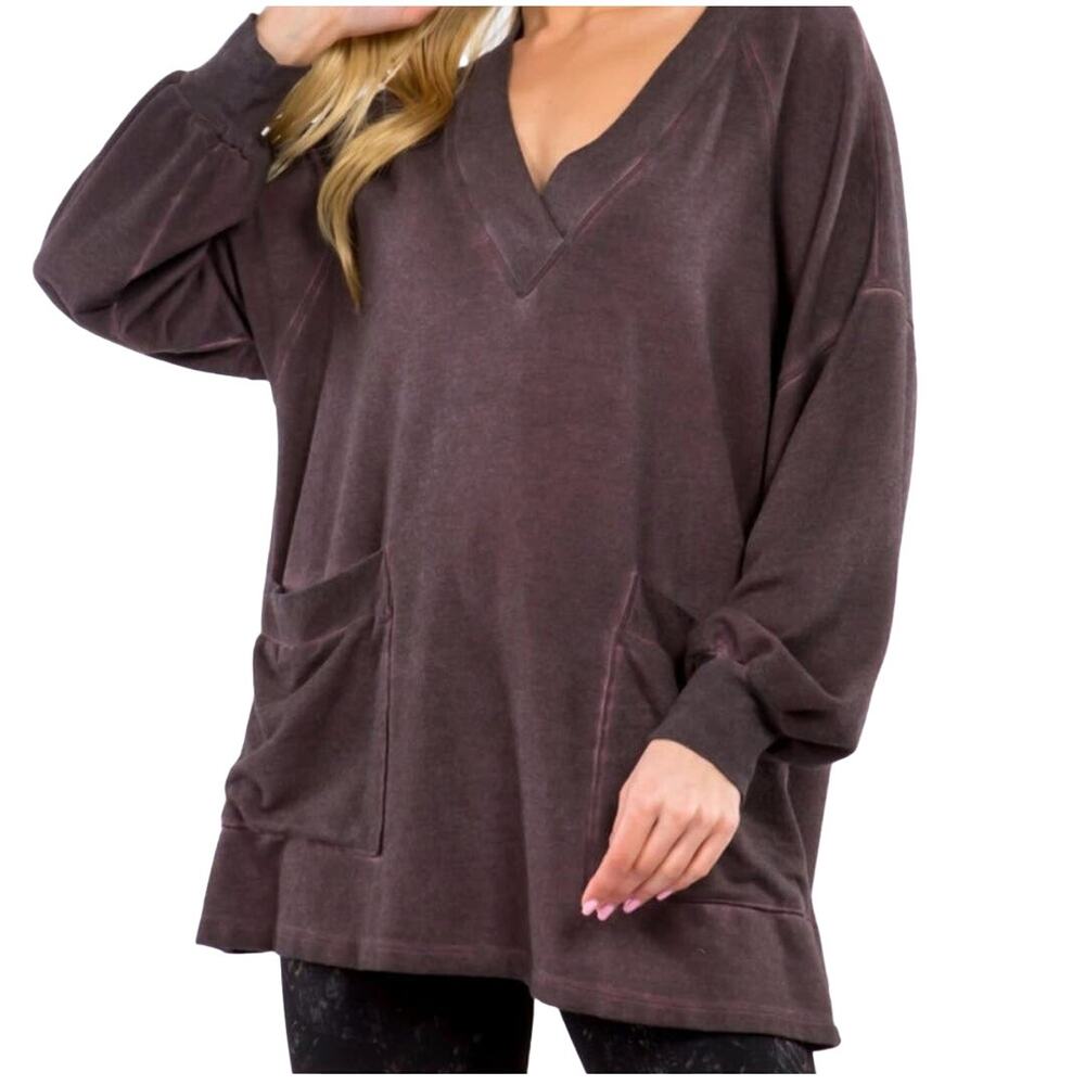 M. Rena grey v-neck Oil Wash Sweatshirt lightweight 2 front pocket